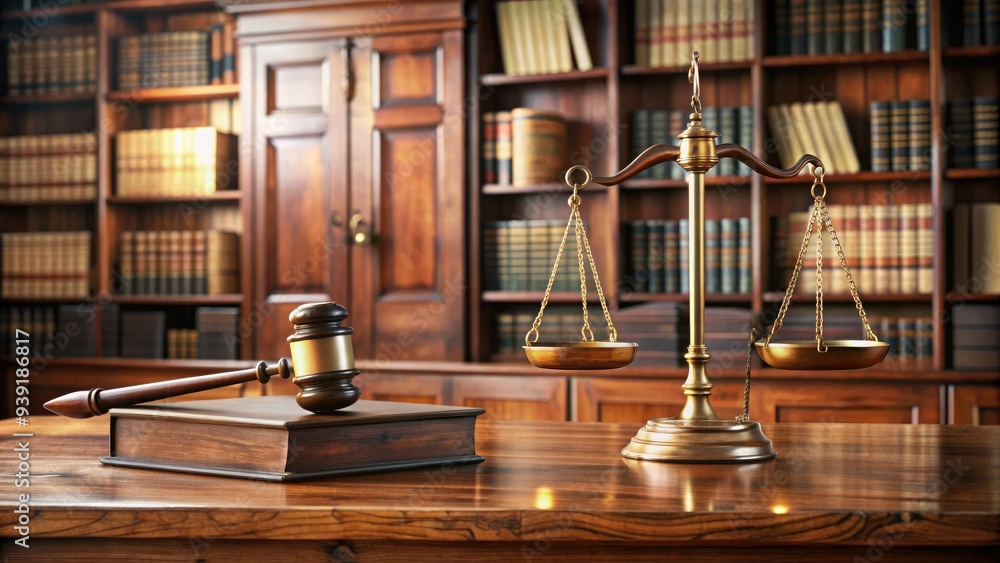 Scales of justice, law books, and gavels arranged on a wooden desk, symbolizing fairness, justice, and the rule of law in a modern courtroom setting. Scales of justice, law books, and gavels arranged on a wooden desk, symbolizing fairness, justice, and the rule of law in a modern courtroom setting.