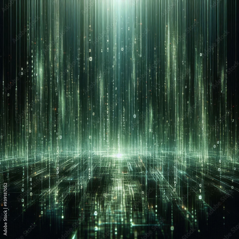 A mesmerizing cascade of luminescent green data streams flows downward in a shimmering curtain
A mesmerizing cascade of luminescent green data streams flows downward in a shimmering curtain