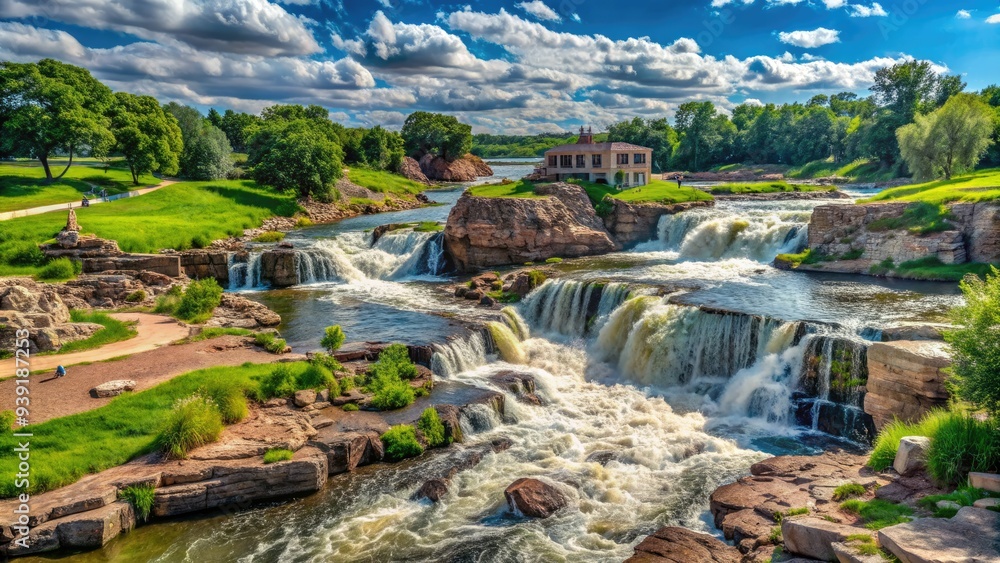 Scenic view of the Big Sioux River waterfall surrounded by lush greenery and walking trails in Sioux Falls, South Dakota, on a sunny day. Scenic view of the Big Sioux River waterfall surrounded by lush greenery and walking trails in Sioux Falls, South Dakota, on a sunny day.