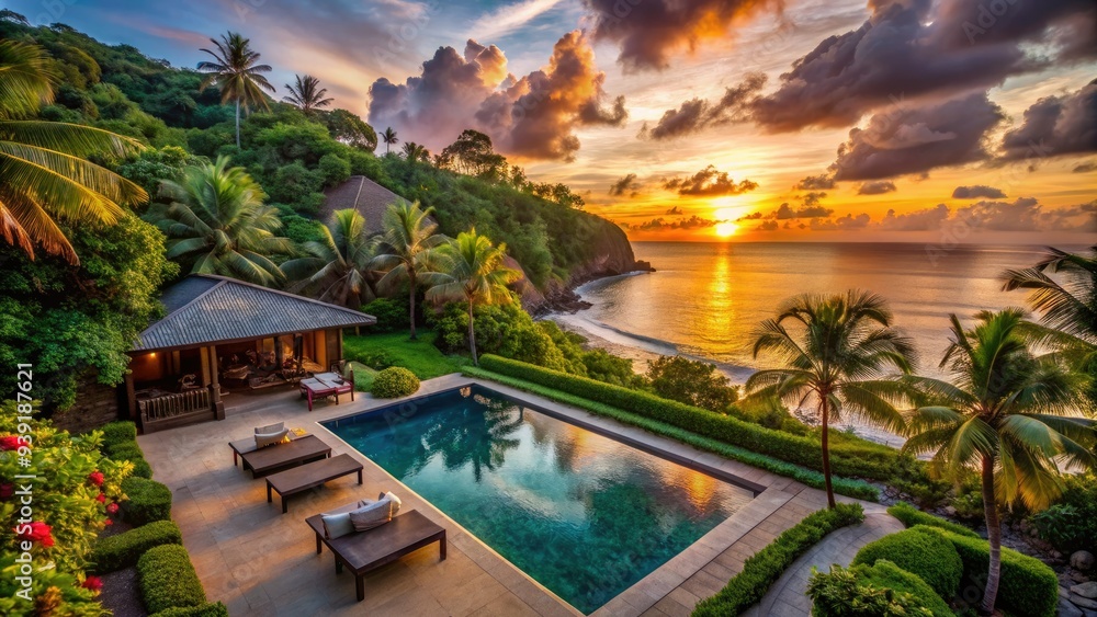 Fototapeta premium Secluded beachside villa with lush greenery, private pool, and breathtaking sunset view, perfect for a tranquil and intimate tropical escape.