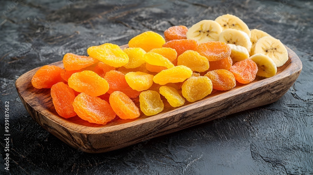Vibrant Assortment of Dried Fruits in Rustic Wooden Bowl for Healthy Snacking Vibrant Assortment of Dried Fruits in Rustic Wooden Bowl for Healthy Snacking