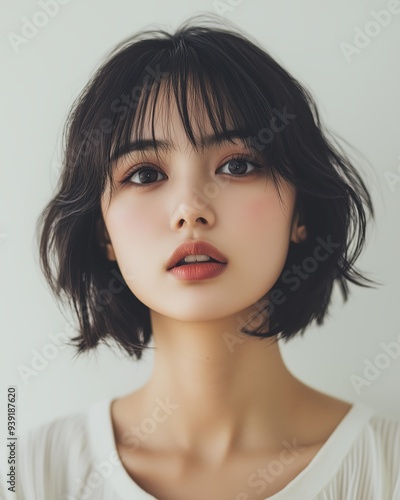 Asian woman with short hair, a white background, light makeup, and medium-length bangs