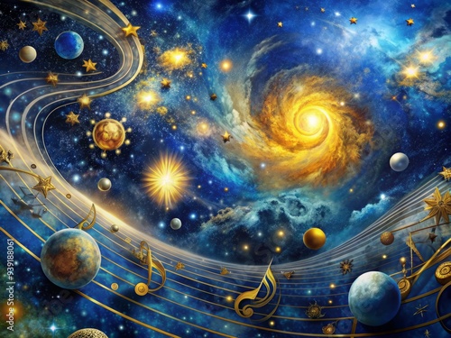 Celestial Starry Symphony: Ethereal, cosmic, deep blue and gold hues, celestial harmony photo