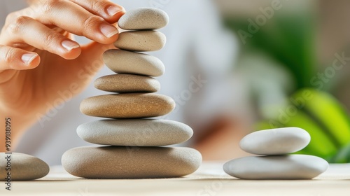 Serene Balance Concept with Stones Stacked by Human Hands photo