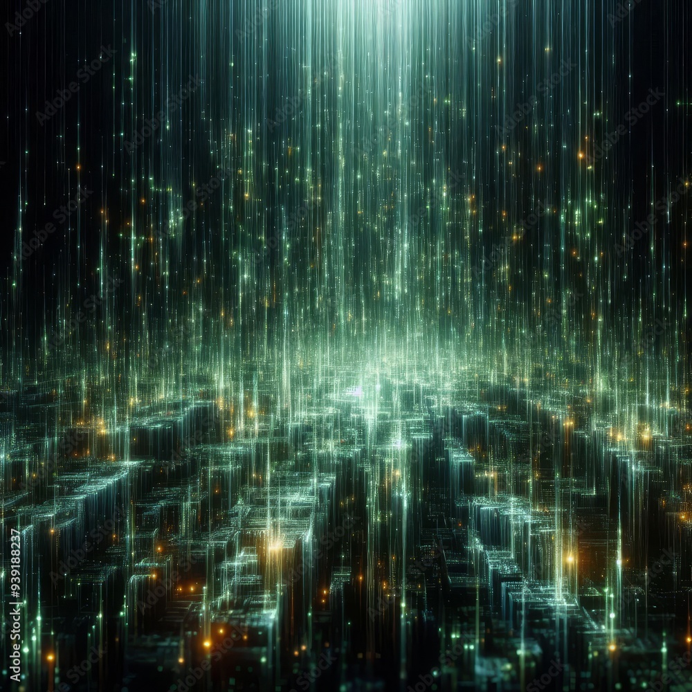 A mesmerizing cascade of luminescent green data streams flows downward in a shimmering curtain
A mesmerizing cascade of luminescent green data streams flows downward in a shimmering curtain