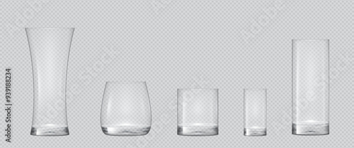 Realistic transparent empty glasses set. Vector mockup of glassware for water, alcohol, juice and other drinks. 