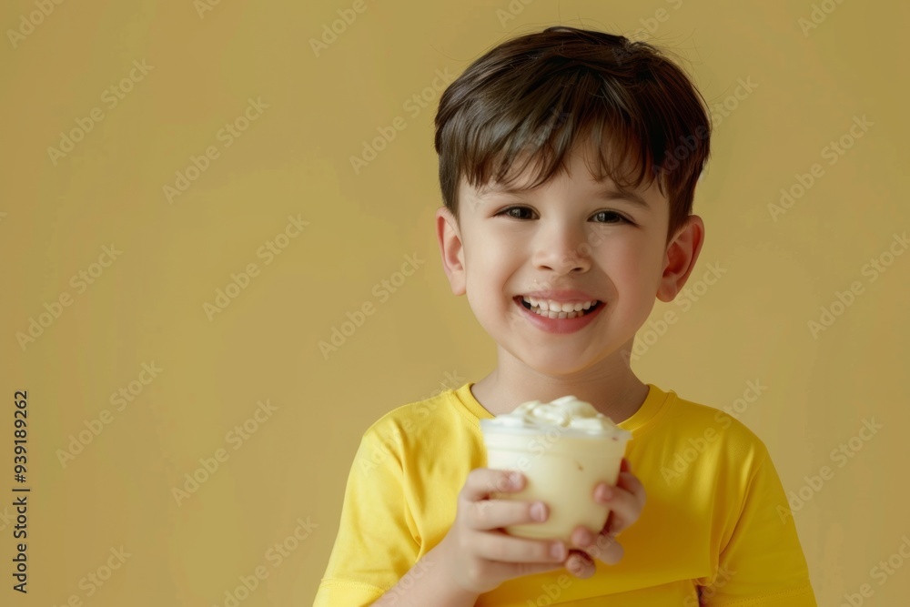 A cheerful boy enjoys a creamy dessert in a sunny yellow shirt. His happy smile radiates joy. Perfect for family and food-related themes. Generative AI A cheerful boy enjoys a creamy dessert in a sunny yellow shirt. His happy smile radiates joy. Perfect for family and food-related themes. Generative AI