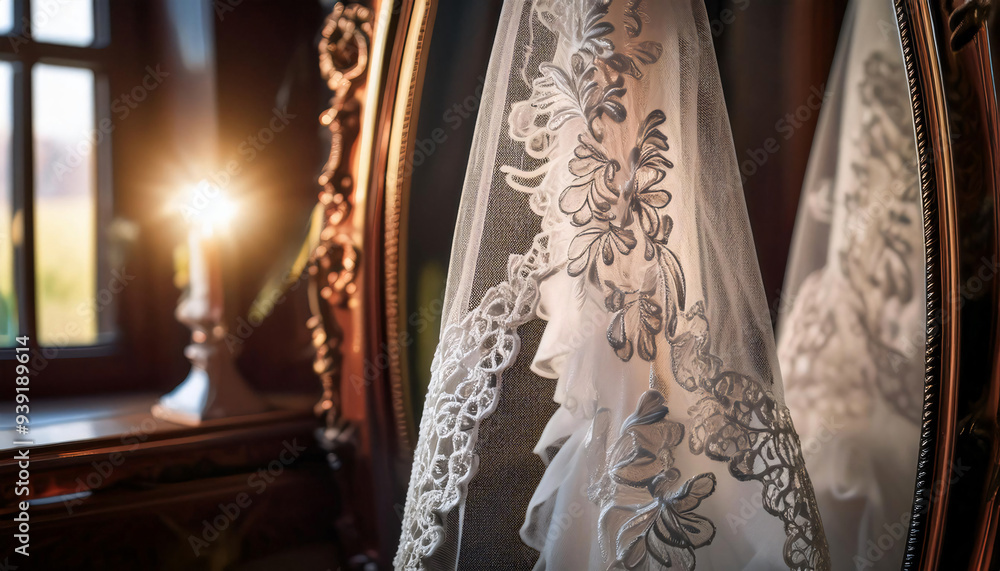 Close-up of a wedding veil delicately draped over a vintage mirror, with intricate lace details and soft lighting. Close-up of a wedding veil delicately draped over a vintage mirror, with intricate lace details and soft lighting.