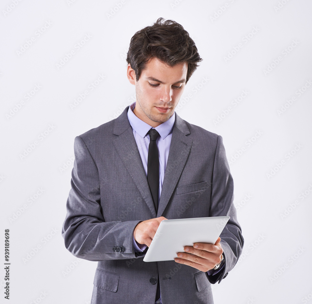 Businessman, tablet and studio for email networking, communication online and white background. Male person, calendar app and planning for schedule reminder, broker and website for finance report Businessman, tablet and studio for email networking, communication online and white background. Male person, calendar app and planning for schedule reminder, broker and website for finance report