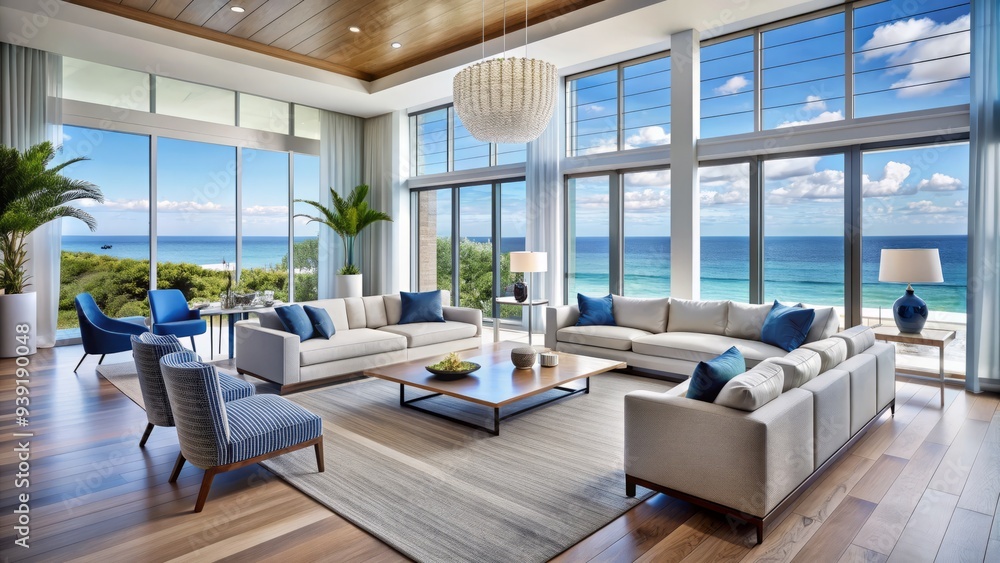 Fototapeta premium Coastal Contemporary Oasis: Ocean views, floor-to-ceiling windows, flowing layout, white walls, blue accents.