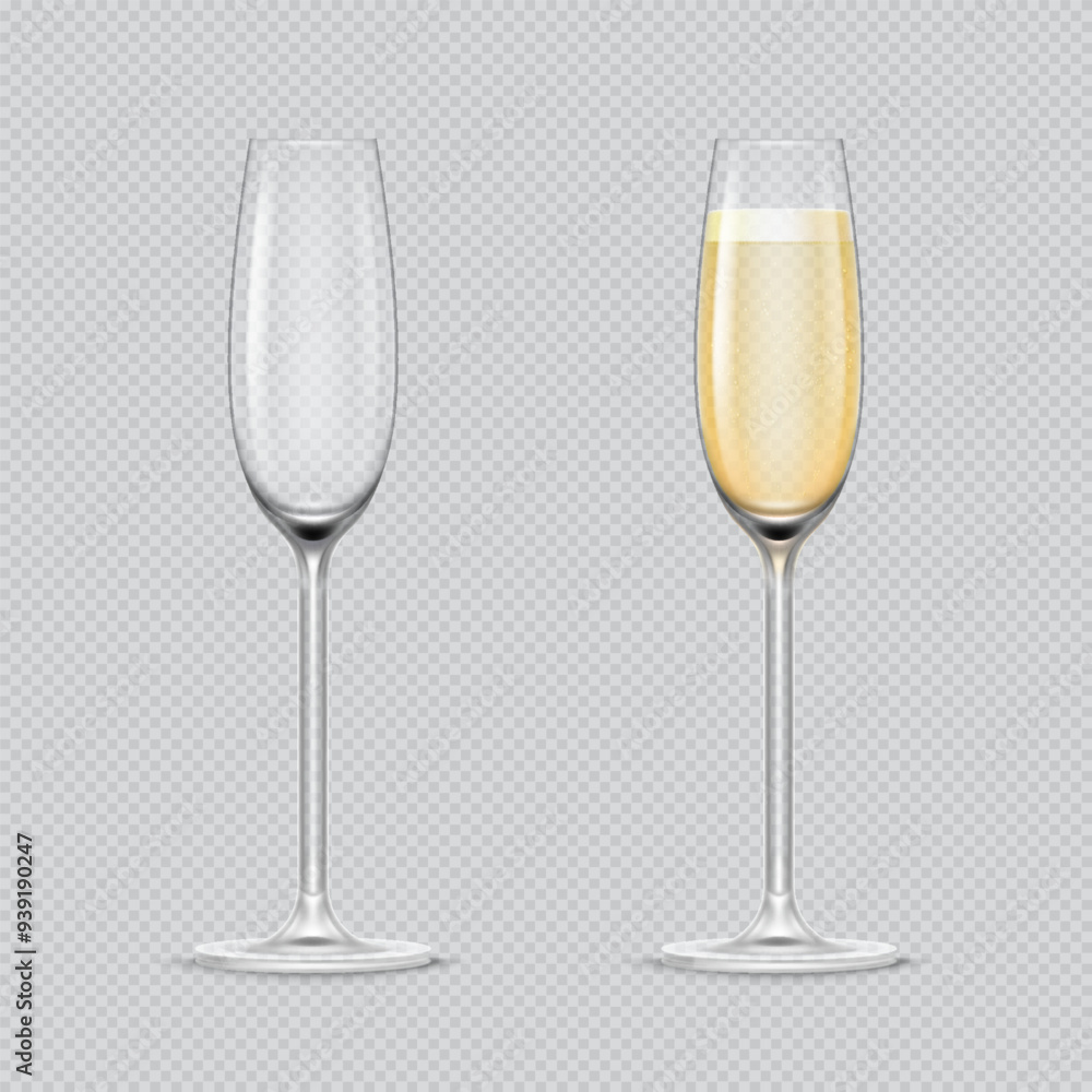 Realistic transparent champagne glasses set, full and empty on transparent background. Vector 3D elements. Realistic transparent champagne glasses set, full and empty on transparent background. Vector 3D elements.