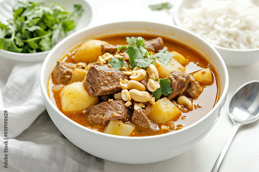 The photo of delicious Thai food Massaman serve with steam rice decorate with ingredient The photo of delicious Thai food Massaman serve with steam rice decorate with ingredient