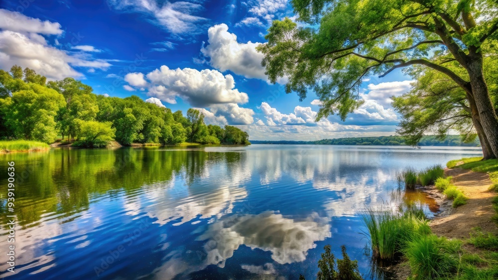 Serene Lake Lavon scenery featuring a tranquil lake shoreline with lush green trees, calm waters, and a picturesque sunny sky with soft white clouds. Serene Lake Lavon scenery featuring a tranquil lake shoreline with lush green trees, calm waters, and a picturesque sunny sky with soft white clouds.