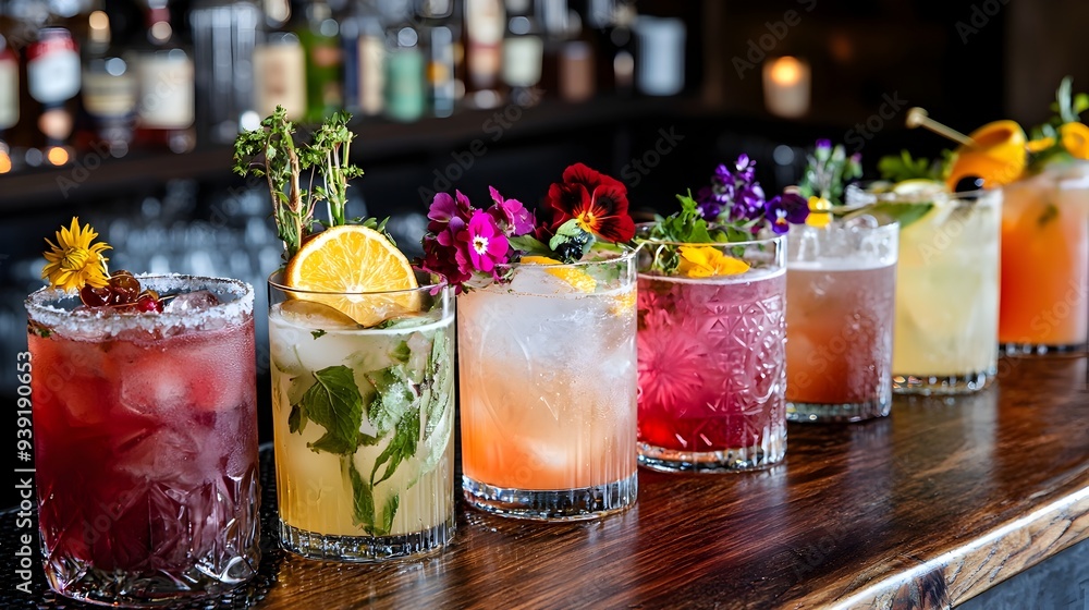 Colorful Cocktail Creations with Unique Garnishes on Display at the Bar Colorful Cocktail Creations with Unique Garnishes on Display at the Bar
