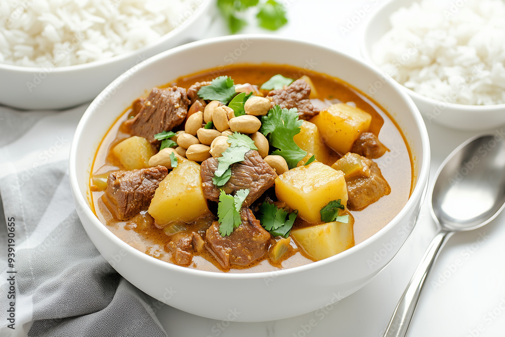 The photo of delicious Thai food Massaman serve with steam rice decorate with ingredient The photo of delicious Thai food Massaman serve with steam rice decorate with ingredient