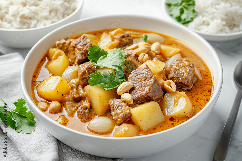 The photo of delicious Thai food Massaman serve with steam rice decorate with ingredient The photo of delicious Thai food Massaman serve with steam rice decorate with ingredient
