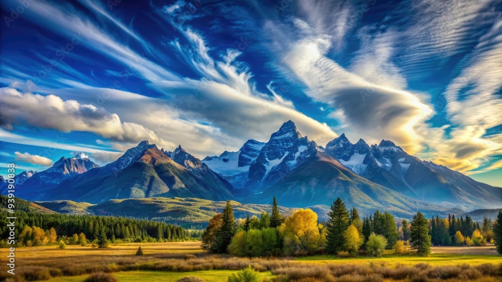 Serene landscape of a majestic mountain range in the distance, set against a vibrant blue sky with wispy clouds, showcasing nature's grandeur and beauty. Serene landscape of a majestic mountain range in the distance, set against a vibrant blue sky with wispy clouds, showcasing nature's grandeur and beauty.