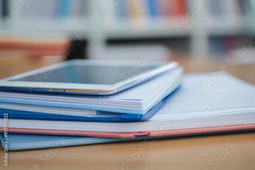 'Close-up of a high school workbook and tablet, representing the integration of traditional and digital education.'