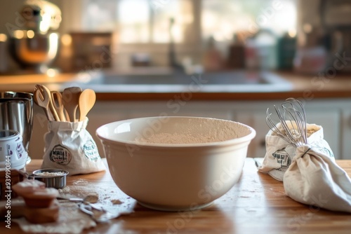 A cozy kitchen scene with a mixing bowl in focus. Baking ingredients surround the bowl. This image captures the joy of cooking at home. Generative AI photo