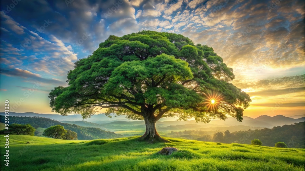 Serene Landscape Showcasing A Majestic Tree Standing Tall Amidst Lush Greenery, Evoking Tranquility And A Connection To Nature. Serene Landscape Showcasing A Majestic Tree Standing Tall Amidst Lush Greenery, Evoking Tranquility And A Connection To Nature.