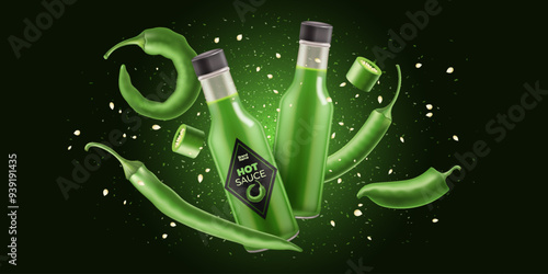 Hot green sauce product bottle with flying whole and pieces chilly cayenne pepper. Realistic vector template ads 3D illustration.