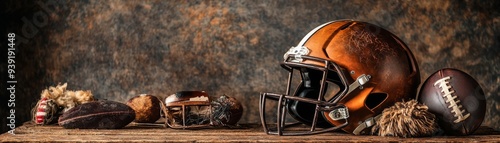 An antique football helmet on a rustic shelf alongside various footballs, showcasing the rich history of the sport.