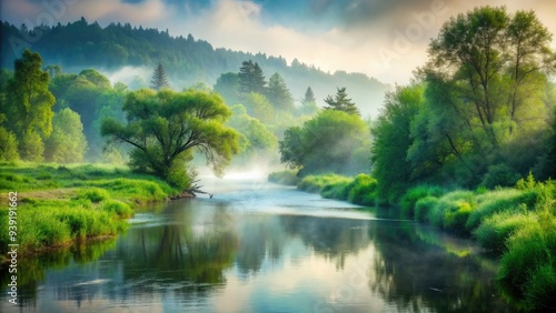 Serene misty morning scene of a tranquil river flowing gently through a minimalist landscape with lush green trees and subtle fog.