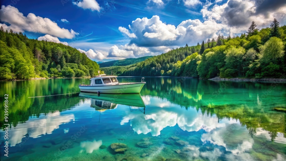Serene moored boat bobs gently on calm turquoise water, reflecting surrounding lush green forest and clear blue sky with a few puffy white clouds. Serene moored boat bobs gently on calm turquoise water, reflecting surrounding lush green forest and clear blue sky with a few puffy white clouds.