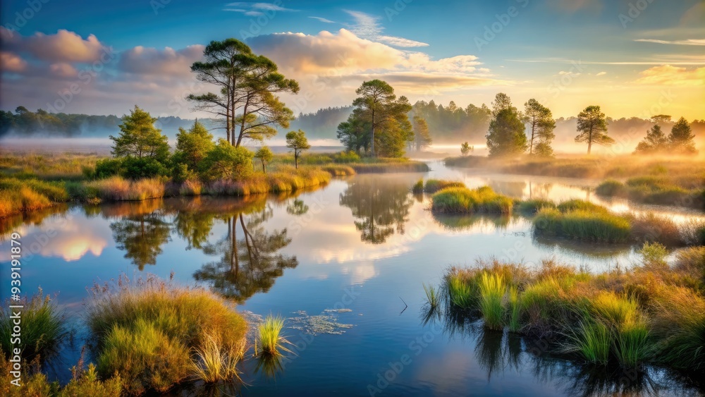 Serene morning mist rises above tangled vegetation and murky waters in a pristine, isolated marshland ecosystem teeming with life and natural beauty. Serene morning mist rises above tangled vegetation and murky waters in a pristine, isolated marshland ecosystem teeming with life and natural beauty.