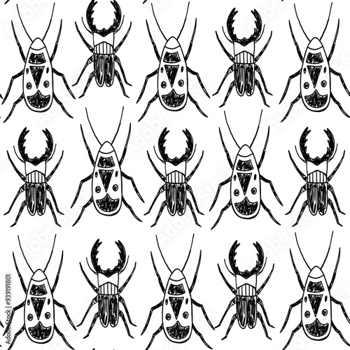 Seamless pattern with stag beetle in hand drawn doodle style