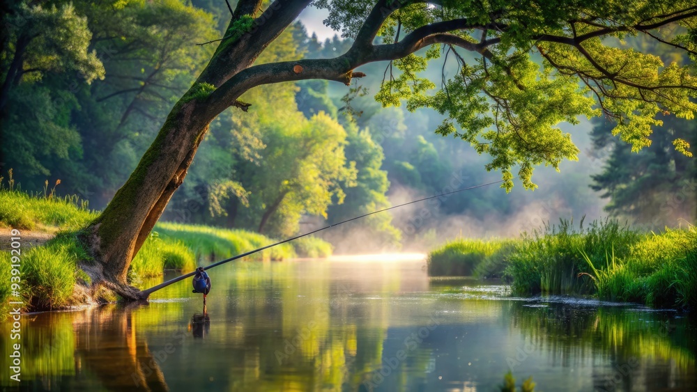 Serene morning on a tranquil riverbank, a lone fly rod leaning against a tree, surrounded by lush greenery and gentle water reflections. Serene morning on a tranquil riverbank, a lone fly rod leaning against a tree, surrounded by lush greenery and gentle water reflections.