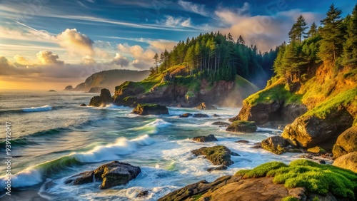 Serene morning scene featuring rugged Pacific Northwest coastline with misty fog rolling in over vast ocean waves crashing against moss-covered rocky shores.