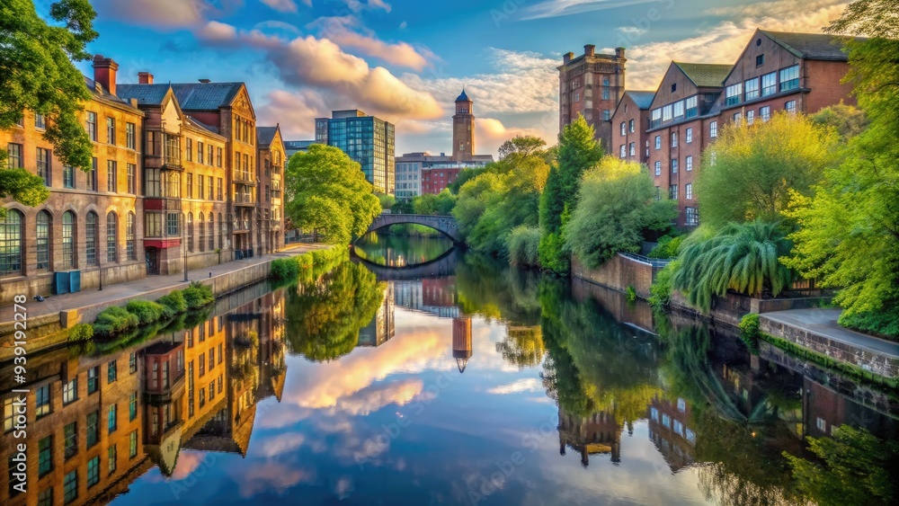 Naklejka premium Serene morning scene of the River Irwell flowing gently through the heart of Manchester, England, with historic buildings and trees reflected in calm waters.