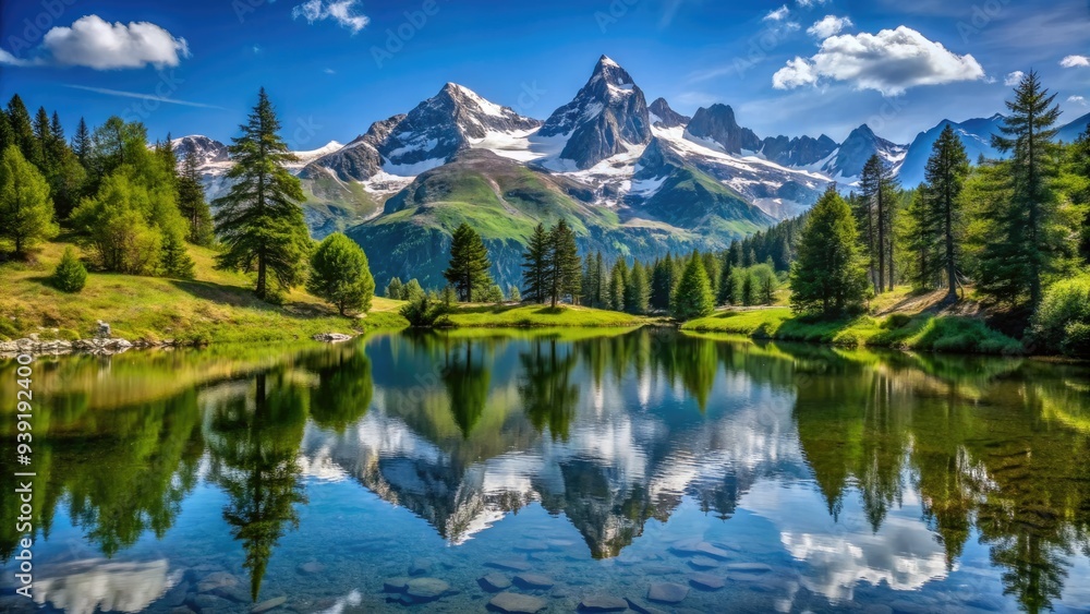 Serene mountain landscape in Hautes-Alpes, France, featuring a tranquil lake reflecting snow-capped peaks and lush green forests under a clear blue summer sky. Serene mountain landscape in Hautes-Alpes, France, featuring a tranquil lake reflecting snow-capped peaks and lush green forests under a clear blue summer sky.