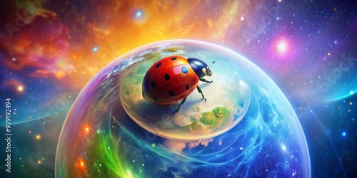 Cosmic Ladybug: Celestial sphere, vibrant colors, ethereal glow photo