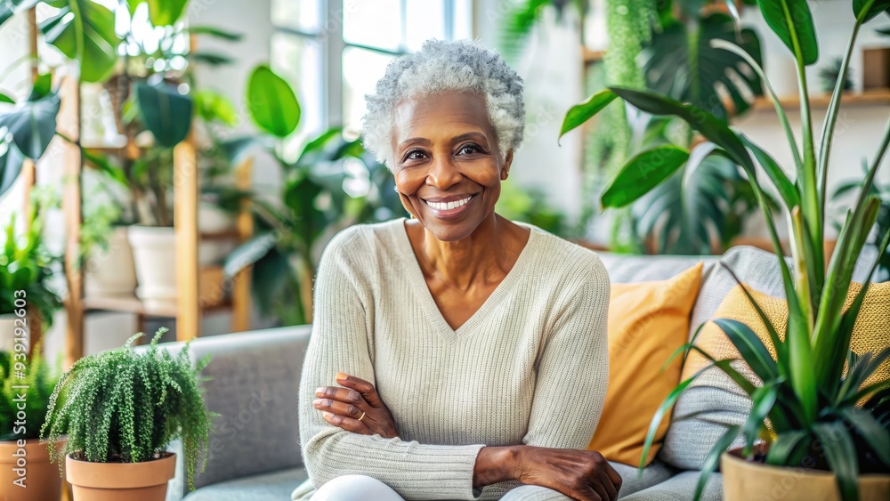 Serene older African American woman with short grey hair and warm smile sits comfortably in her cozy living room surrounded by vibrant plants. Serene older African American woman with short grey hair and warm smile sits comfortably in her cozy living room surrounded by vibrant plants.