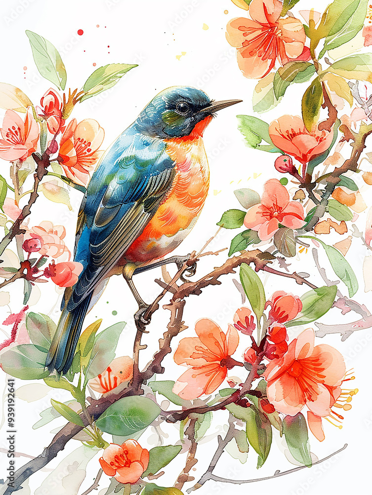 Welcome Spring bird in nature watercolor paint ilustration Welcome Spring bird in nature watercolor paint ilustration