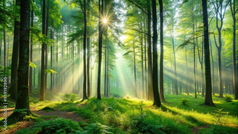Serene panoramic view of a vibrant green forest with tall trees, dappled sunlight, and misty atmosphere, evoking a sense of tranquility and wonder in nature. Serene panoramic view of a vibrant green forest with tall trees, dappled sunlight, and misty atmosphere, evoking a sense of tranquility and wonder in nature.