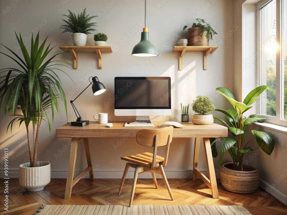 Fototapeta premium Cozy Minimalist Desktop Workspace: Warm, inviting, and clutter-free desktop environment with subtle textures and organic elements.