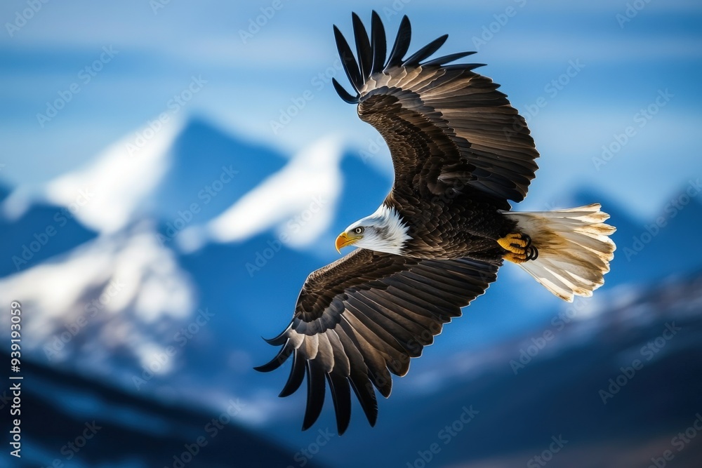 Obraz premium A majestic bald eagle spreads its wings in flight against a backdrop of snowy mountains and a clear blue sky, embodying freedom and the beauty of nature.