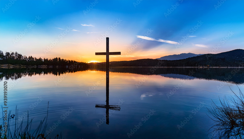 Reflection of a cross in the still waters of a lake at twilight Reflection of a cross in the still waters of a lake at twilight
