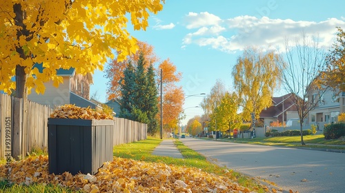 A picturesque autumn street lined with colorful trees and fallen leaves, showcasing a serene neighborhood. Carbon Neutrality concept. photo