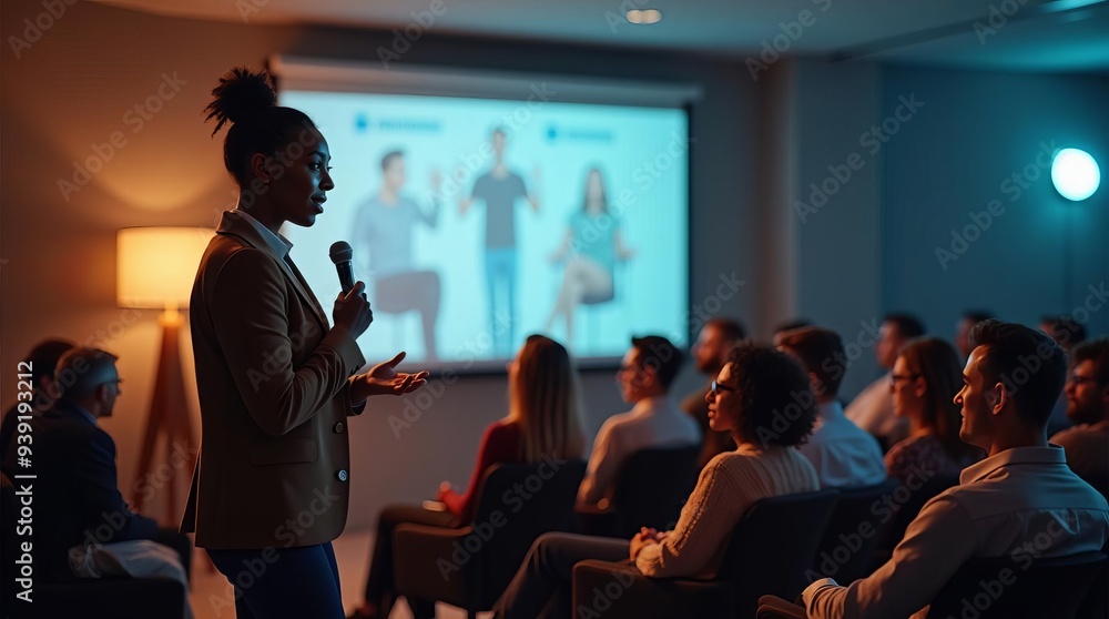 Fototapeta premium Engaging Business Presentation: Charismatic Speaker Addressing Diverse Audience in Corporate Seminar