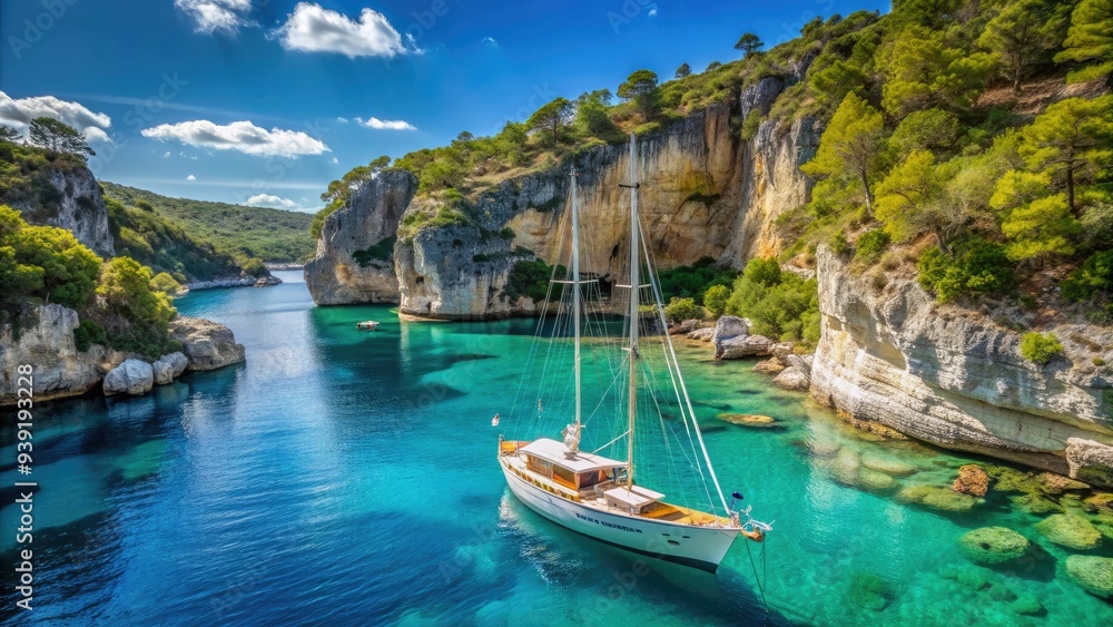 Obraz premium Serene sailing yacht Rondinara anchored in turquoise waters surrounded by limestone cliffs and lush green vegetation under a clear blue sky.