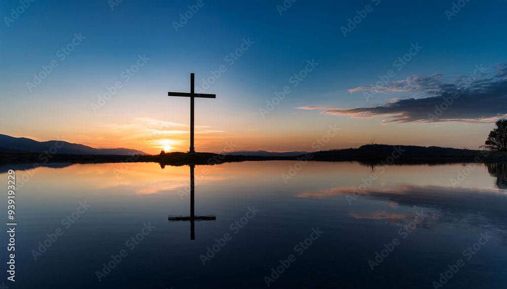 Reflection of a cross in the still waters of a lake at twilight Reflection of a cross in the still waters of a lake at twilight