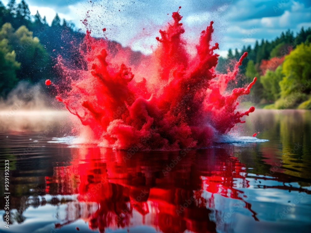 Fototapeta premium Crimson Bloom: Crimson powder bursting into water, vibrant, energetic, deep red