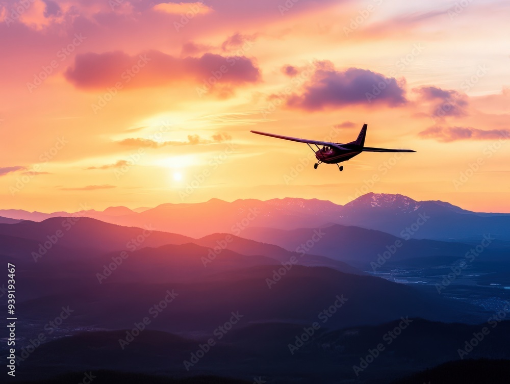 Obraz premium A serene sunset view with an airplane flying over mountains, capturing the beauty of nature and aviation in harmony.