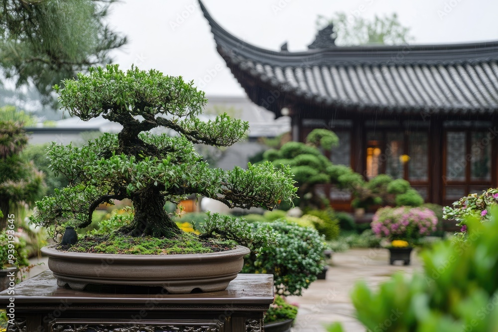 Bonsai Tree in a Chinese Garden During Rainfall Bonsai Tree in a Chinese Garden During Rainfall