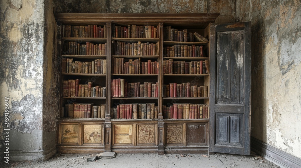 Antique bookshelf filled with worn books in a rustic setting Antique bookshelf filled with worn books in a rustic setting