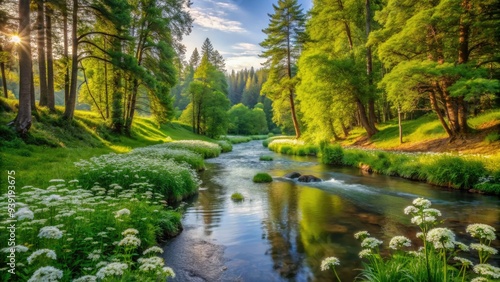 Serene summer scene featuring a winding white river flowing gently through a lush green forest surrounded by towering trees and vibrant wildflowers.